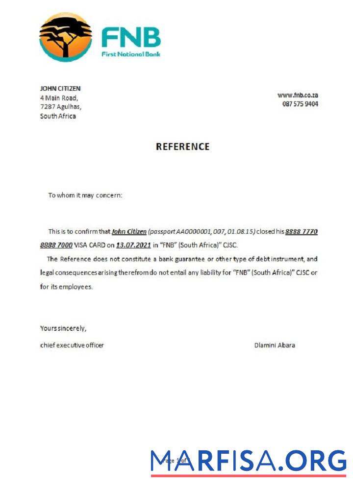 Blank South Africa FNB closure reference sample